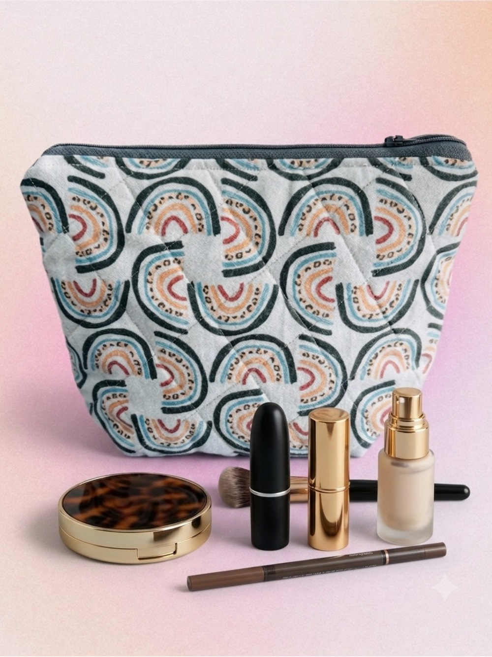 Quilted Cotton Zipper Pouch – Boho Rainbow Makeup Bag, Floral Lined Travel Case